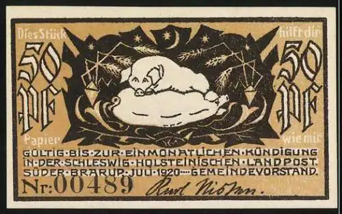 Notgeld Süderbrarup, 1920, 50 Pfennig, Kirche und Windmühle, Schlafendes Schwein, Nr. 00489