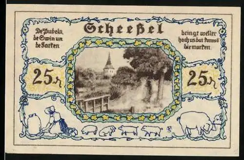 Notgeld Scheessel, 1921, 25 Pfennig, Landschaft mit Kirche und ländliche Szenen