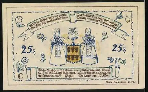 Notgeld Scheessel, 1921, 25 Pfennig, Landschaft mit Kirche und ländliche Szenen