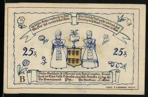 Notgeld Scheessel, 1921, 25 Pfennig, Zwei Frauen in Tracht mit Wappen und Landschaft mit Tieren