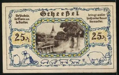 Notgeld Scheessel, 1921, 25 Pfennig, Zwei Frauen in Tracht mit Wappen und Landschaft mit Tieren