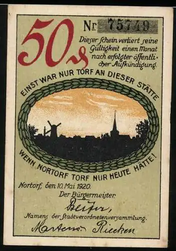 Notgeld Nortorf, 1920, 50 Pfennig, Stadtwappen mit drei Türmen und Reiter