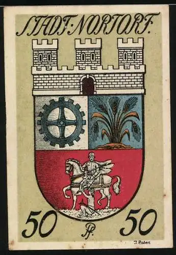 Notgeld Nortorf, 1920, 50 Pfennig, Stadtwappen mit drei Türmen und Reiter