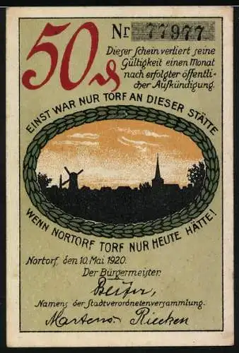 Notgeld Nortorf, 1920, 50 Pfennig, Stadtwappen und Landschaftsansicht