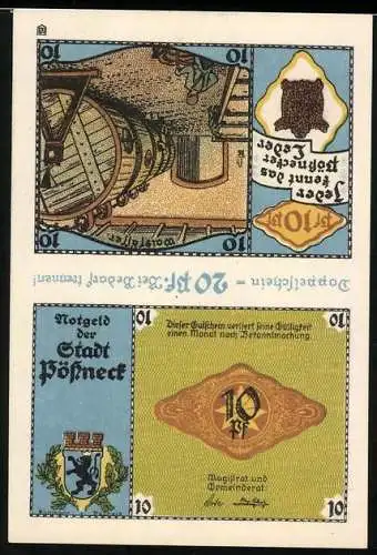 Notgeld Pössneck, 1921, 20 Pfennig, Doppeltes Format mit lokalen Motiven und Herstellungsprozessen