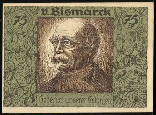 Notgeld Berlin 1921, 75 Pf, v. Bismarck Gedenkt unserer Kolonien, Afrika Karte