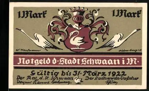 Notgeld Schwaan 1922, 1 Mark, Stadtwappen mit Schwänen, Rathausabbildung auf Rückseite