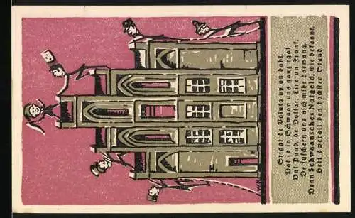 Notgeld Schwaan 1922, 1 Mark, Stadtwappen mit Schwänen, Rathausabbildung auf Rückseite