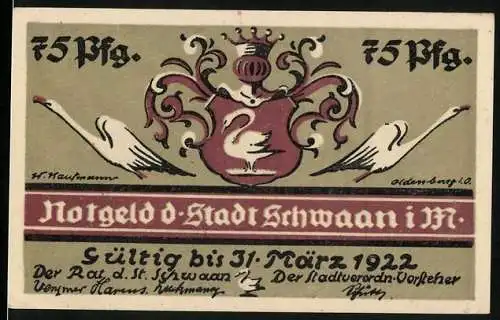 Notgeld Schwaan, 1922, 75 Pfennig, Stadtwappen mit zwei Schwänen und Gültigkeitsdatum, nackte Frau im Wald