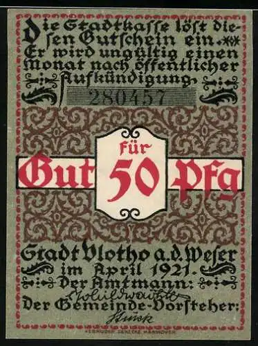 Notgeld Vlotho a.d. Weser, 1921, 50 Pfennig, Stadtwappen und rauchender Mann mit Zigarre