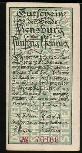 Notgeld Flensburg 1920, 50 Pfennig, Gutschein der Stadt Flensburg mit Abbildung einer Menschenmenge und Kirche