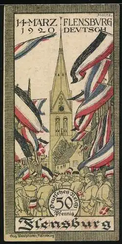 Notgeld Flensburg 1920, 50 Pfennig, Gutschein der Stadt Flensburg mit Abbildung einer Menschenmenge und Kirche