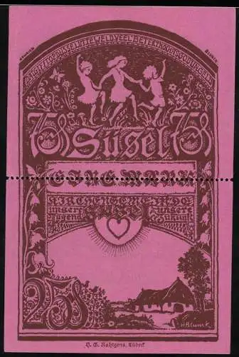 Notgeld Süsel 1920, 1 Mark, Kinder tanzen mit Sonne und Herz, Gebäude und Landschaft