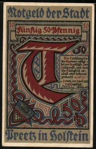 Notgeld Preetz in Holstein, 1921, 50 Pfennig, farbiges Design mit Text und Gebäudemotiv