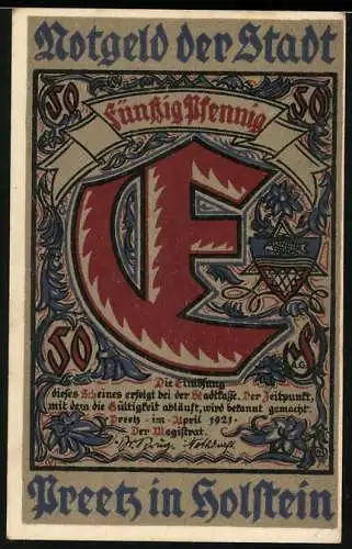 Notgeld Preetz in Holstein, 1921, Fünfzig Pfennig, Vorderseite mit E-Motiv und Rückseite mit Stadtansicht