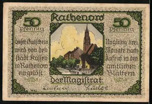 Notgeld Rathenow, 50 Pfennig, Ansicht der Stadt und Reiterdarstellung