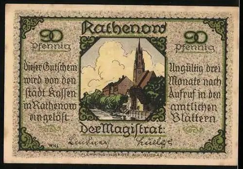 Notgeld Rathenow, 1921, 50 Pfennig, Stadtansicht und Reiter auf Pferd