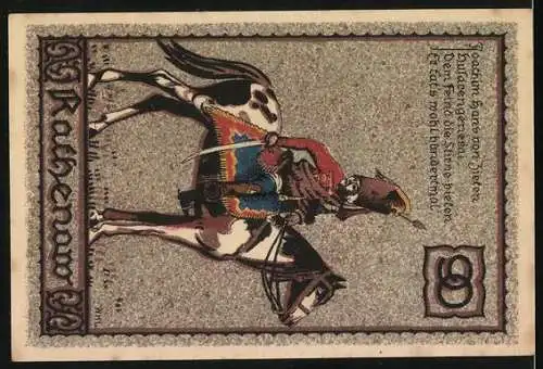 Notgeld Rathenow, 1921, 50 Pfennig, Stadtansicht und Reiter auf Pferd
