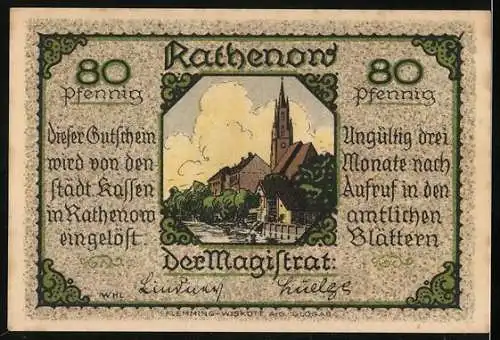 Notgeld Rathenow, 80 Pfennig, Stadtansicht und Reiter auf Pferd, drei Monate gültig nach Aufruf