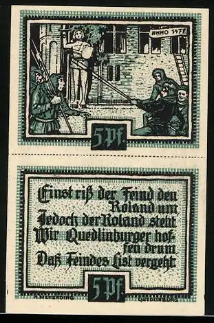 Notgeld Quedlinburg, 1921, 2x5 Pf, Darstellung von Roland und historischem Text, grün-schwarz Gestaltung