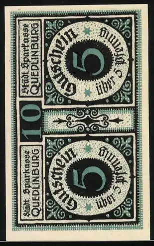 Notgeld Quedlinburg, 1921, 2x5 Pf, Darstellung von Roland und historischem Text, grün-schwarz Gestaltung