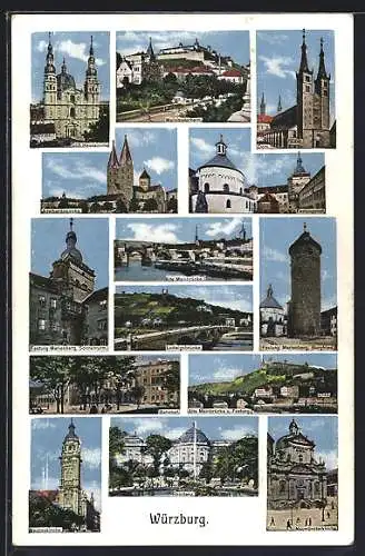 AK Würzburg, Stift Haugkirche, Adelberdokirche, Bahnhof, Festung Marienberg, Residenz und Neubaukirche