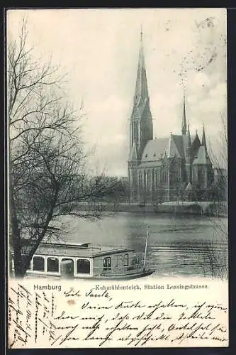 AK Hamburg-Uhlenhorst, Kuhmühlenteich an der Lessingstrasse mit Kirche