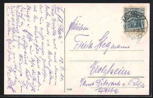 AK Karlsruhe, Kaiserstrasse mit Hauptpost, Strassenbahn