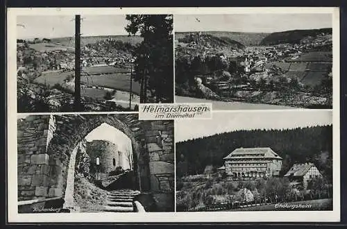 AK Helmarshausen, Ansichten aus der Ortschaft mit Krukenburg und Erholungsheim
