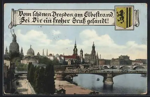 AK Dresden, Elbpanorama mit Brücken, Wappen