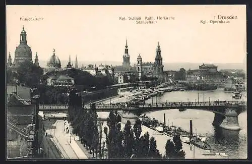 AK Dresden, Ortsansicht mit Frauenkirche, Kunstakademie, Königlichem Schloss, Ständehaus und Kath. Hofkirche