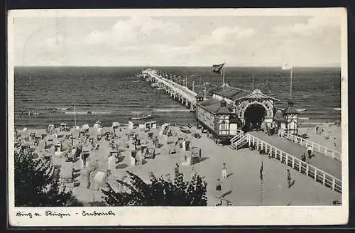 AK Binz /Rügen, Strand mit Seebrücke aus der Vogelschau