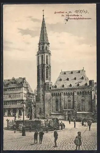 AK Alt-Frankfurt, St. Nicolaikirche mit Möbel-Lager und Gerchtigkeitsbrunnen