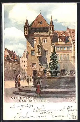 Künstler-AK Nürnberg, Brunnen vor dem Nassauerhaus