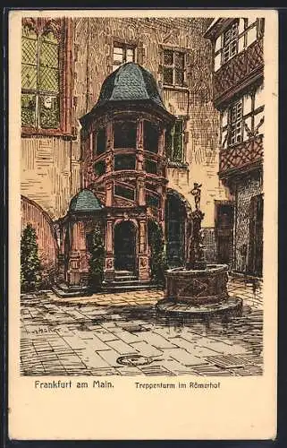 Künstler-AK Alt-Frankfurt, Treppenturm im Römerhof