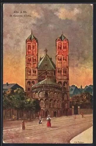 Künstler-AK Köln a. Rh., St. Gereons-Kirche mit Strasse