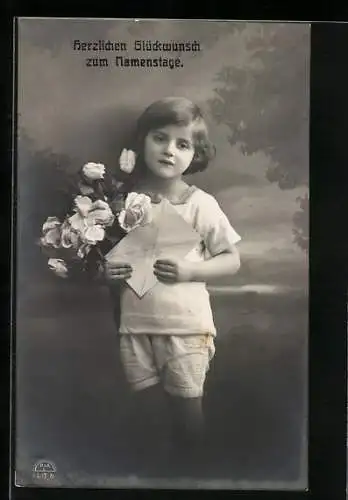 Foto-AK R & K / L Nr. 8107/6: Kleines Mädchen mit Rosenstrauss gratuliert zum Namenstag