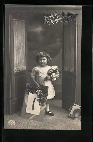 Foto-AK R & K / L Nr. 7160/5: Kleines Mädchen mit Kalenderblatt und Neujahrsgruss