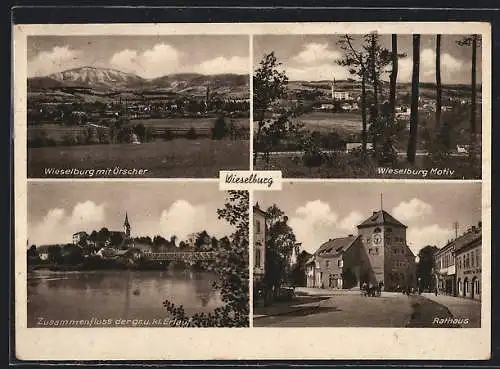 AK Wieselburg, Zusammenfluss der gr. u. kl. Erlauf, Rathaus, Blick gegen den Ötscher