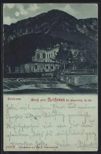 Mondschein-AK Reichenau bei Payerbach, Curhaus vom Wehr betrachtet