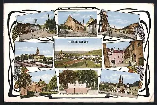 AK Klosterneuburg, Rathausplatz, Stiftskeller, Kaiser Jubiläumsdenkmal