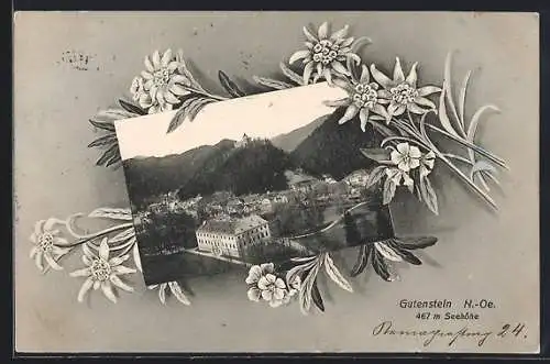 AK Gutenstein, Ortsansicht mit Blumen umrahmt