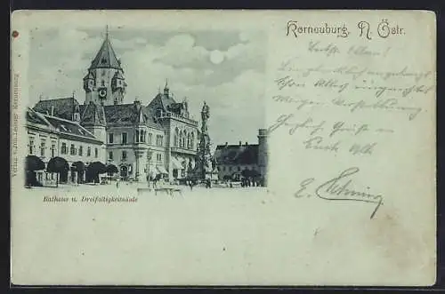 Mondschein-AK Korneuburg /N. Östr., Rathaus und Dreifaltigkeitssäule