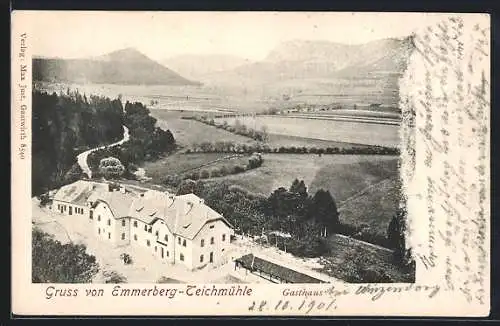 AK Emmerberg-Teichmühle, Blick aus der Vogelschau auf das Gasthaus