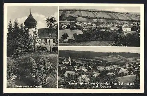 AK Unter-Olberndorf, verschiedene Ortsansichten mit Kirche, Luisenmühlen im Kreuttal