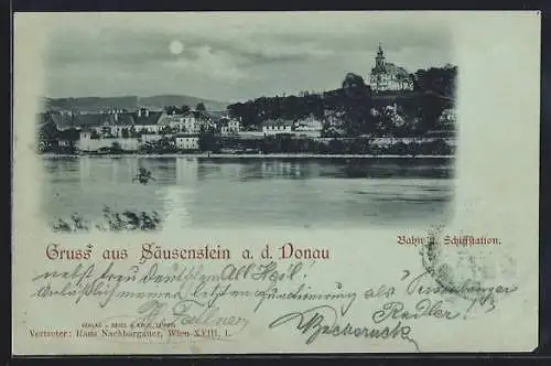 Mondschein-AK Säusenstein a. d. Donau, Blick vom Fluss auf den Ort