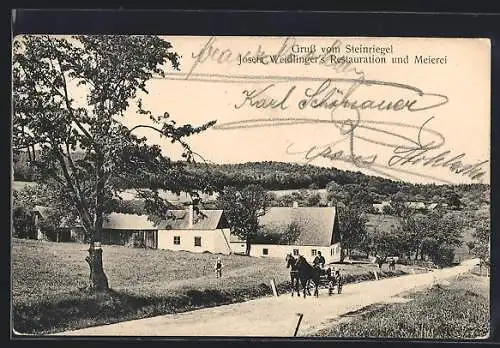 AK St. Andrä-Wördern, Josefa Weidlinger`s Restauration und Meierei von der Strasse gesehen, mit Kutsche