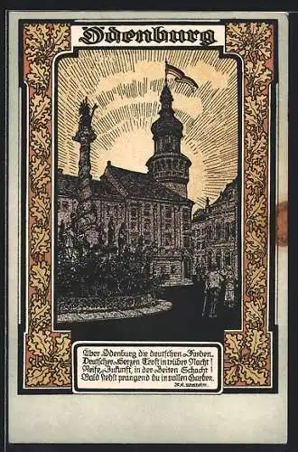 Künstler-AK Sopron-Ödenburg, Rathaus mit deutscher Flagge