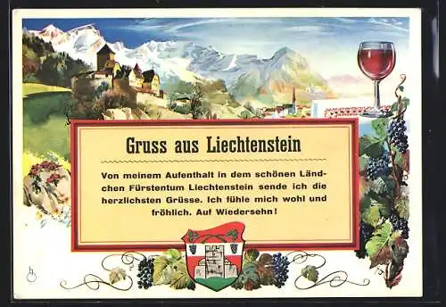 Künstler-AK Liechtenstein, Gruss in Passepartout mit Wein und Berglandschaft
