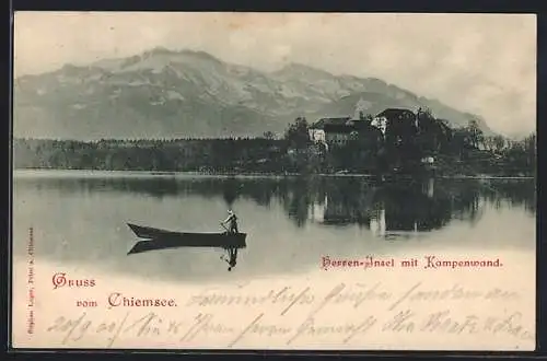 AK Herrenchiemsee, Herren-Insel, Boot vor dem Kampenwand